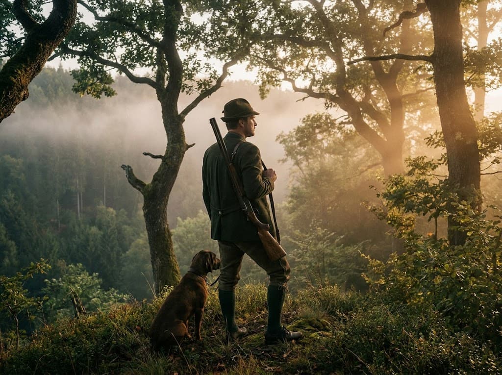 Traditioneller Jäger im morgendlichen Wald